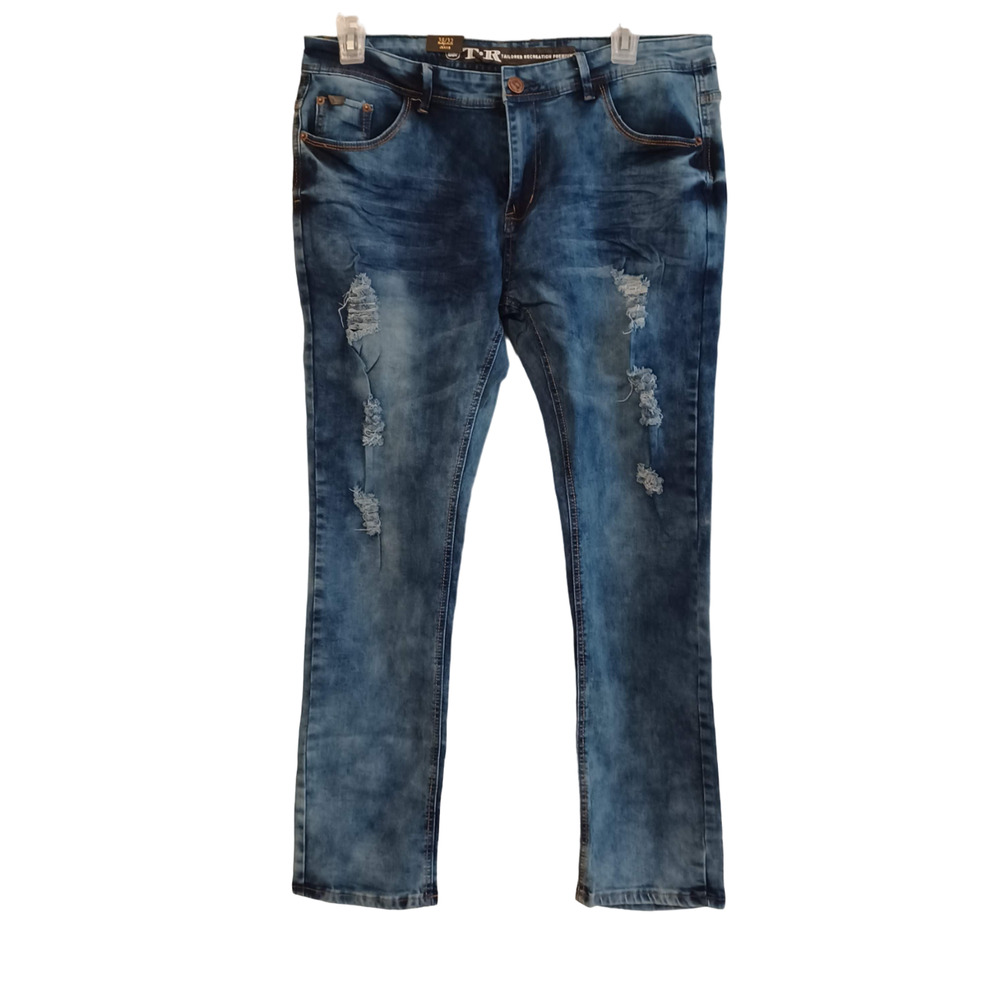 TR Tailored Recreation Blue Denim Tapered Leg Slim Distressed Mens Jeans Size 38